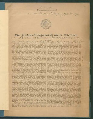Ein Friedens-Kriegsmarsch dreier Veteranen : der Batterien "Busse" (1. schweren) und "Gethmann" (4. leichten) des Rheinischen Feld-Artillerieregiments Nr. 8 (20. bis 28. Mai 1911)