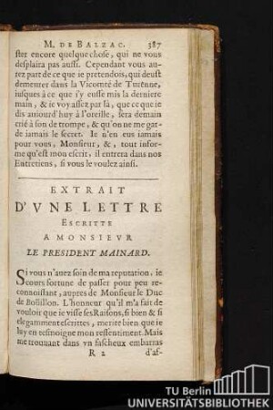 Extrait D'Vne Lettre Escritte A Monsievr Le President Mainard.