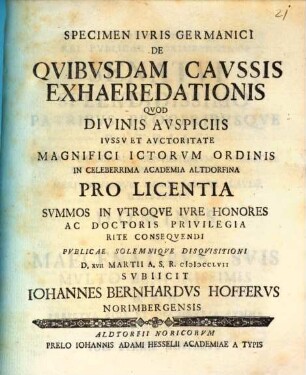 Specimen Ivris Germanici De Qvibvsdam Cavssis Exhaeredationis