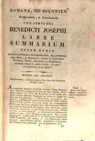 Romana, seu Bolonien. beatificationis, et canonizationis ven. servi Dei Benedicti Josephi Labrè. [2], Summarium super dubio
