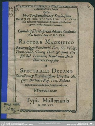 Adclamationes faustae quibus Melchiori Volckmanno laurum magistralem et spartam rectoriam gratulabantur amici et fautores
