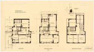 Einfamilienwohnhaus, Berlin-Nikolassee: Lageplan 1:1000; Grundriss 1:100 Keller, Erdgeschoss, Obergeschoss