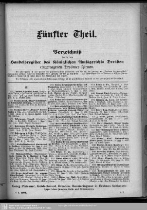 Handelsregister : Verzeichniß der in dem Handelsregister des Königlichen Amtsgerichts Dresden eingetragenen Dresdner Firmen.