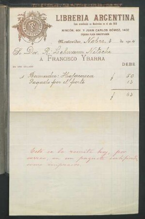 [Factura del libro de la Librería Argentina en Montevideo]