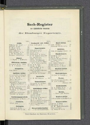 Sach-Register zum alphabetischen Verzeichnis der Hamburger Exporteure.