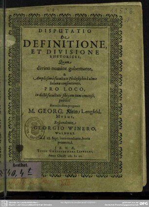 Disputatio De definitione et divisione rhetorices
