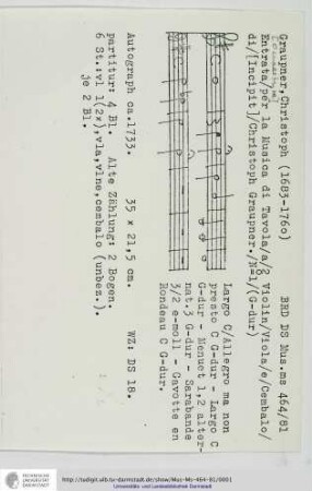 Entrata / per la Musica di Tavola / a / 2 Violin / Viola / e / Cembalo / di / [Incipit] / Christoph Graupner. / No 1