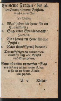 Gemeine Fragen/ bey allen Evangelien und Episteln/ durchs gantze Jar.