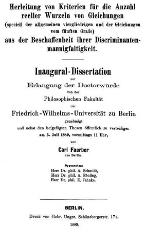 Herleitung von Kriterien für die Anzahl reeller Wurzeln von Gleichungen  aus der Beschaffenheit ihrer Discriminantenmannigfaltigkei