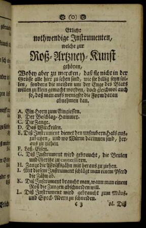 Etliche nothwendige Instrumenten, welche zur Roß-Artzney-Kunst gehören.