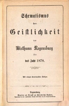 Schematismus des Bistums Regensburg. 1870, 1870
