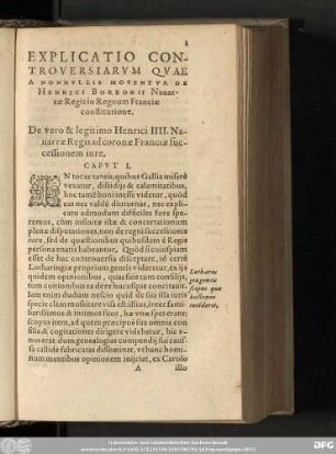 Explicatio Controversiarum Quae A Nonnullis Moventur De Henrici Borbonii Navarae Regis in Regnum Franciae constitutione.