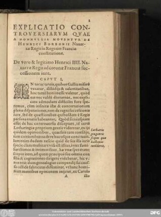 Explicatio Controversiarum Quae A Nonnullis Moventur De Henrici Borbonii Navarae Regis in Regnum Franciae constitutione.