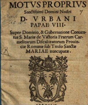 Motus proprius ... super dominio et gubernatione conventus S. Mariae de Victoria fratrum Carmel. discalc. Prov. romanae sub tit. S. Mariae nuncupatae
