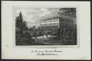 Ansicht der Dresdner Waldschlößchen-Brauerei, Lithografie, 1841 : Arldt, Carl Wilhelm : Die Dresdener Societaets-Brauerei : Das Waldschlösschen / Nach der Natur gez. und lith. von C. W. Arldt. - [Dresden] : [Pietzsch] , [1841]. - 1 Kunstblatt : Lithogr. ; 19 x 12 cm
