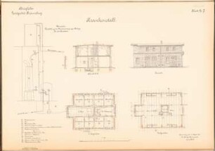 Landgestüt, Braunsberg: Krankenstall: Schnitt, Ansicht, Grundrisse EG, DG 1:100, Schnitt der Wasserversorgungsanlage