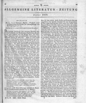 Sprengel, K.: Versuch einer pragmatischen Geschichte der Arzneykunde. 3. Aufl. T. 1-5. Halle: Gebauer 1821-28 (Beschluss der im vorigen Stück abgebrochenen Recension.)