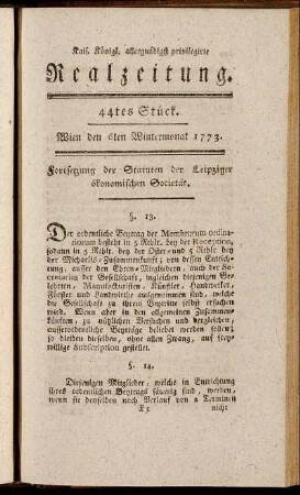 44tes Stück. Wien den 6ten Wintermonat 1773.