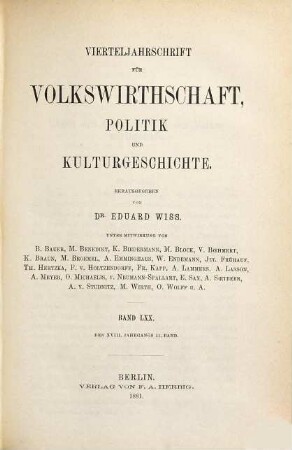 Vierteljahrschrift für Volkswirtschaft, Politik und Kulturgeschichte. 18,2 = Bd. 70. 1881