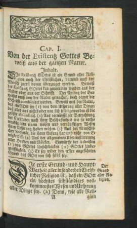 Cap. I. Von der Existenz Gottes Beweiß aus der gantzen Natur.