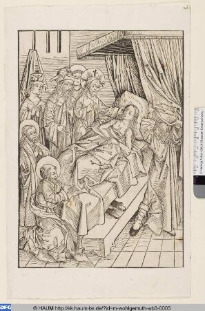 Buchseite aus: Fridolin, Stephan: Schatzbehalter. Nürnberg: Anton Koberger, 1491, fol. 62: Die dreyundvyertzigist figur [Die Auferweckung der Tochter des Jairus]