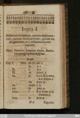 Index I. Dictorum Scripturae, partim explicatorum, partim vindicatorum, partim ita allegatorum, ut è collatione lucem capiant.
