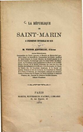La République de Saint-Marin à l'Exposition Universelle de 1878 par Victor Advielle