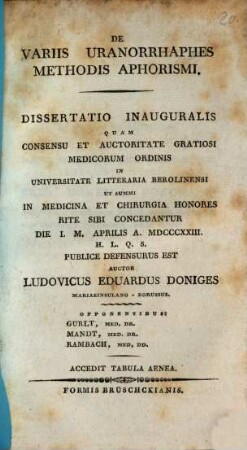 De variis uranorrhaphes methodis aphorismi : Diss. inaug.