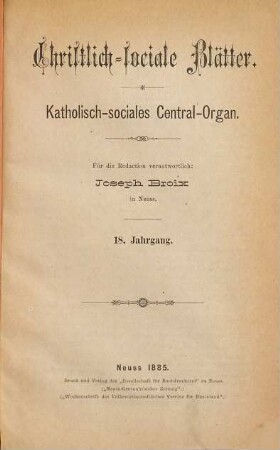 Christlich-sociale Blätter : katholisch-sociales Central-Organ. 18. 1885
