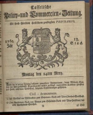 13. Stueck, Montag den 24ten Mertz 1760