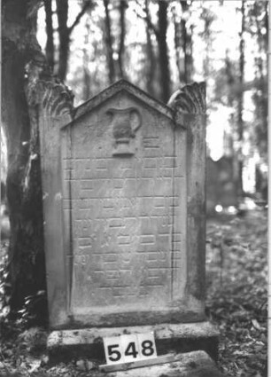 Grabstein 548 (Index: 99900800) Material: Sandstein Zustand: leicht angewittert Maße HxBxT: 93x54x25 cm Beschreibung: aufgesockelte Stele mit Dreieksabschluss, Eckakroterien, im Giebelfeld Levitenkanne Symbolik: Levitenkanne: Grabstein 548