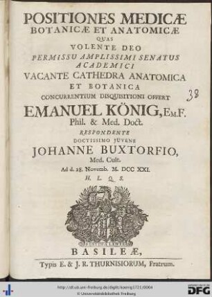 Positiones Medicae Botanicae Et Anatomicae