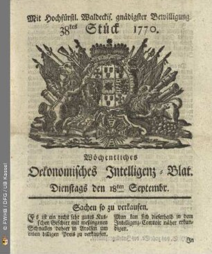38tes Stueck, Dienstags den 18ten Septembr. 1770