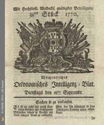38tes Stueck, Dienstags den 18ten Septembr. 1770