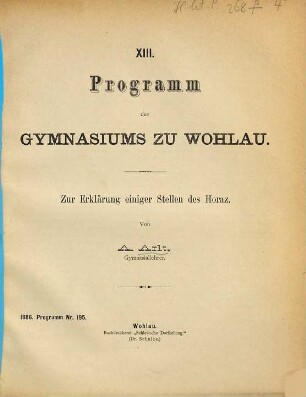 Zur Erklärung einiger Stellen des Horaz