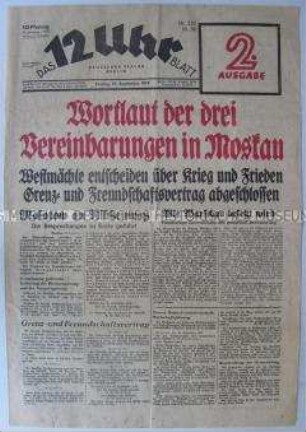 Berliner Tageszeitung "Das 12 Uhr Blatt" mit dem Wortlaut der Verträge zwischen Deutschland und der UdSSR