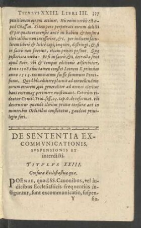 De Sententia Excommunicationis, Suspensionis Et interdicti. Titulus XXIII.