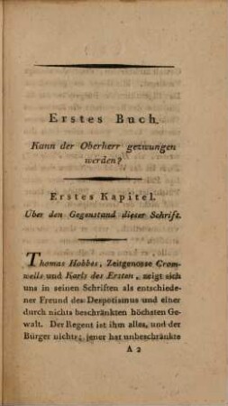Anti-Hobbes oder über die Grenzen der höchsten Gewalt und das Zwangsrecht der Bürger gegen Oberherrn, Erstes Bändchen
