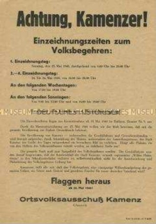 Aufruf des Volksausschusses Kamenz zum Volksbegehren für Einheit und gerechten Frieden mit Bekanntgabe der Einzeichnungszeiten