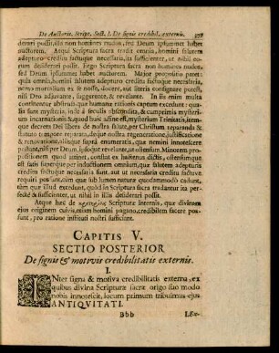 Capitis V. Sectio Posterior De signis & motivis credibilitatis externis.