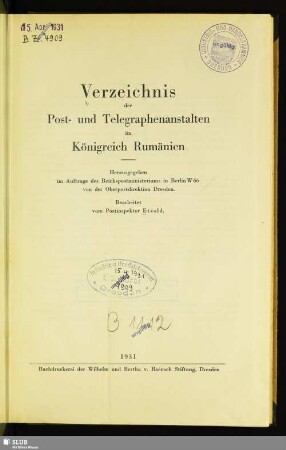 Verzeichnis der Post- und Telegraphenanstalten im Königreich Rumänien