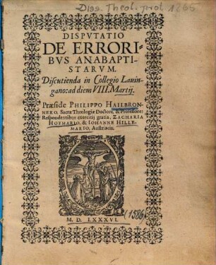Dispvtatio De Erroribvs Anabaptistarvm