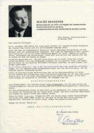 Hektografiertes Rundschreiben des Bezirksvorsitzenden der NPD Oberbayern zur Landtagswahl 1966 mit einem Porträt des Verfassers