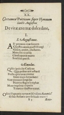 XX. Certamen Poeticum super Hymnum Sancti Augustini De vitae aeternae dulcedine.