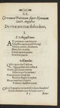 XX. Certamen Poeticum super Hymnum Sancti Augustini De vitae aeternae dulcedine.