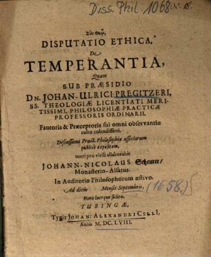 Disputatio Ethica, De Temperantia