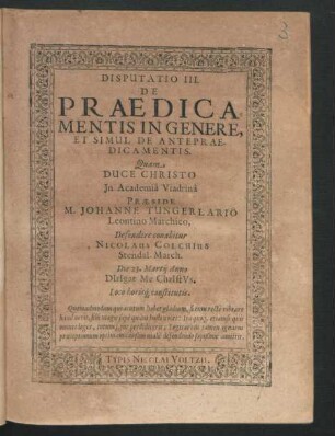Disputatio III. De Praedicamentis In Genere, Et Simul De Antepraedicamentis