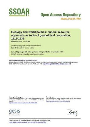 Geology and world politics: mineral resource appraisals as tools of geopolitical calculation, 1919-1939