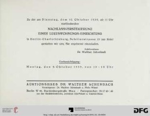 Auktionshaus Dr. Walther Achenbach: Nachlassversteigerung einer Luxuswohnungs-Einrichtung : Berlin-Charlottenburg, Schillerstrasse 15 ; 10. Oktober 1939