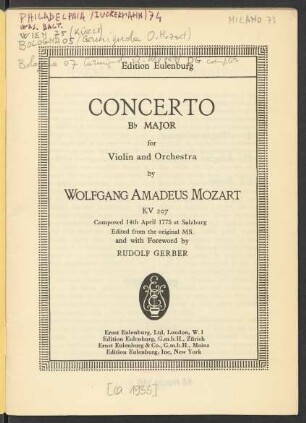 Concerto B♭ major for violin and orchestra : KV 207